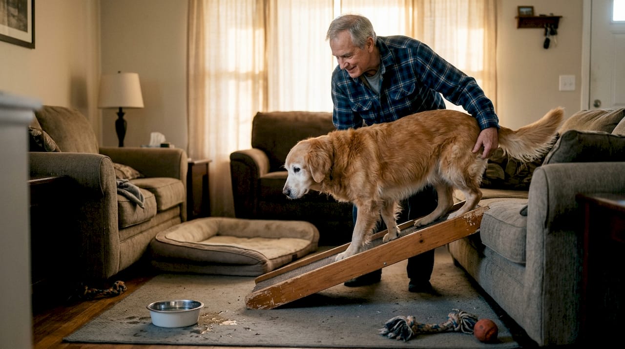 Elderly man assists dog using home ramp