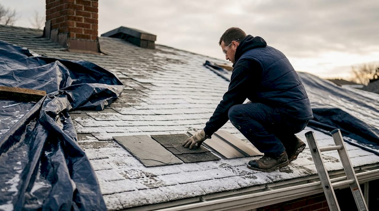 Contractor comparing roofing materials in winter