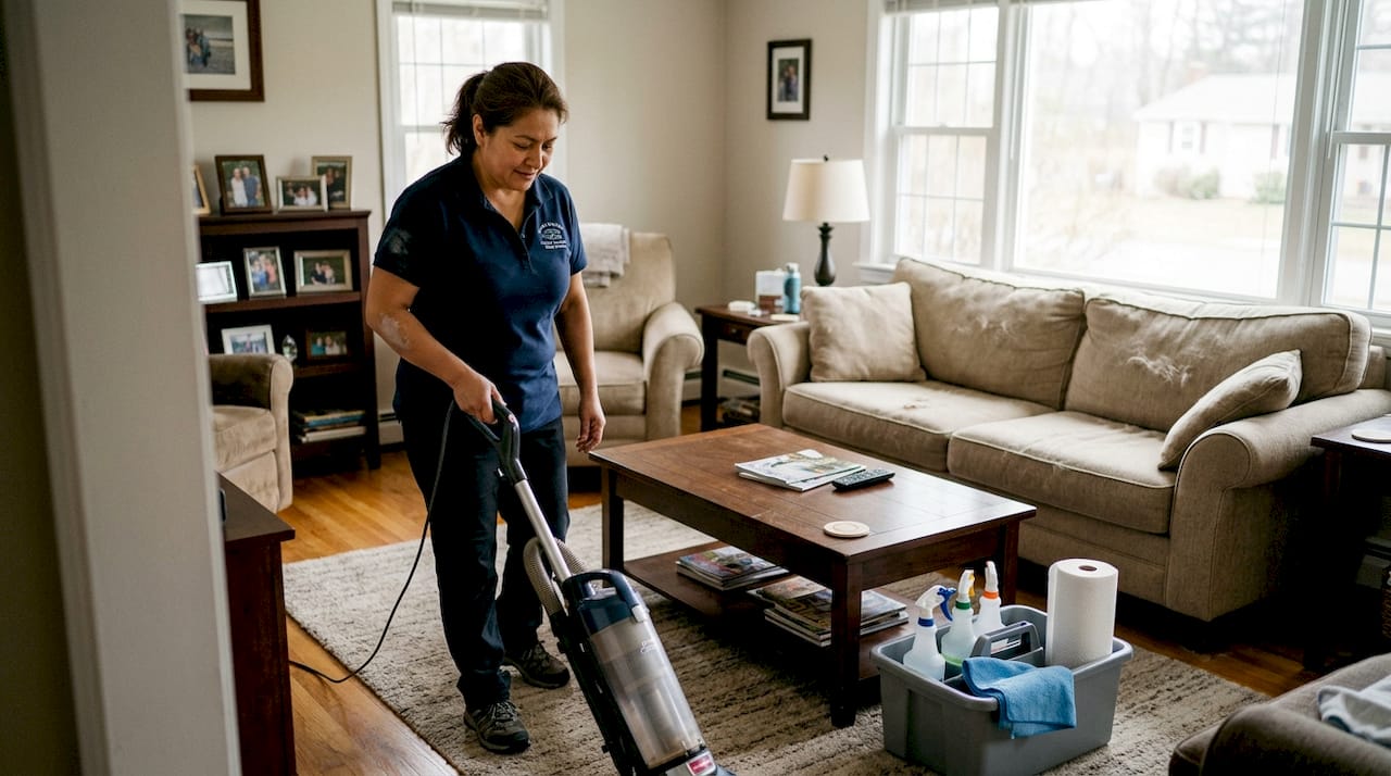 Cleaner vacuuming living room in Massachusetts home