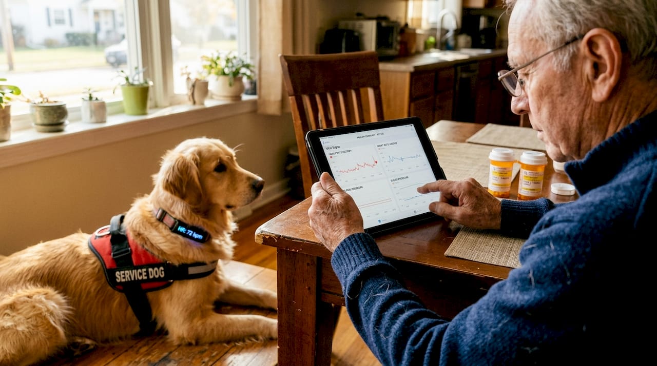 Service dog with health monitor resting indoors