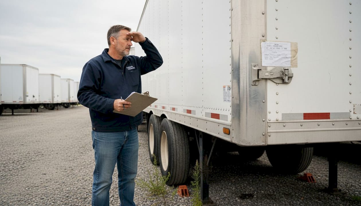 Fleet manager inspecting used dry van trailers