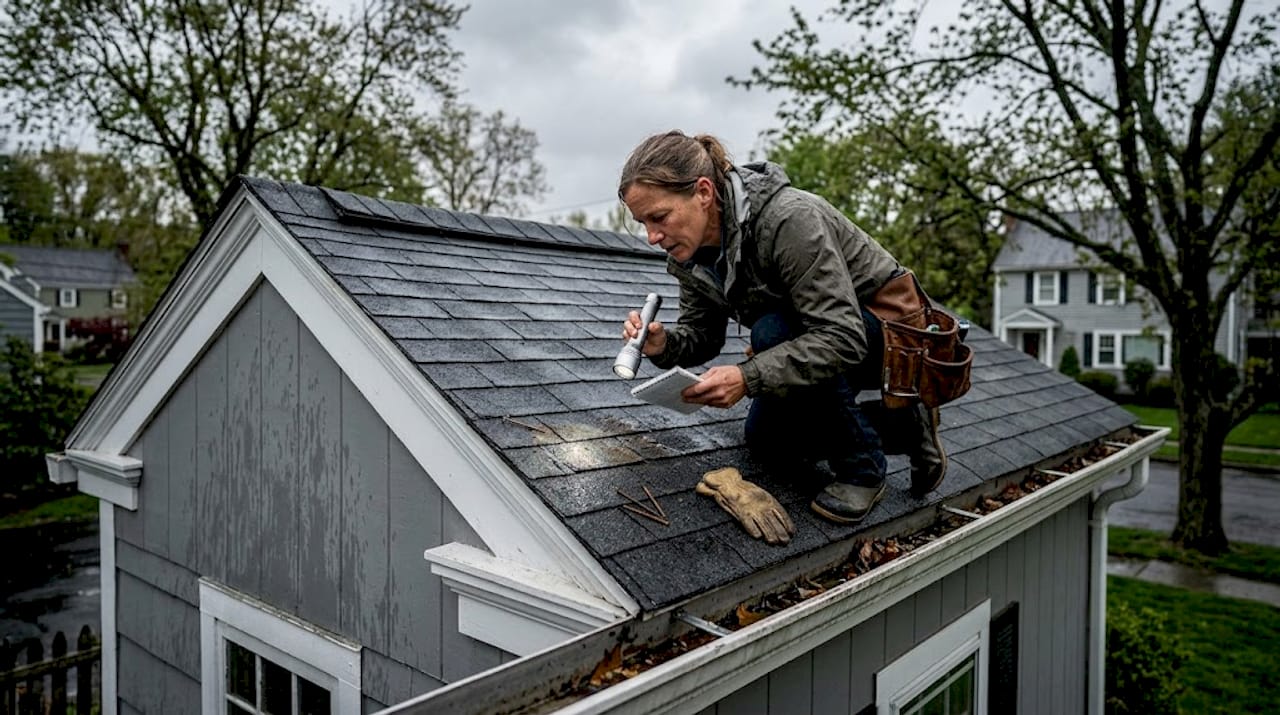Roofer inspecting rain-soaked shingles for damage