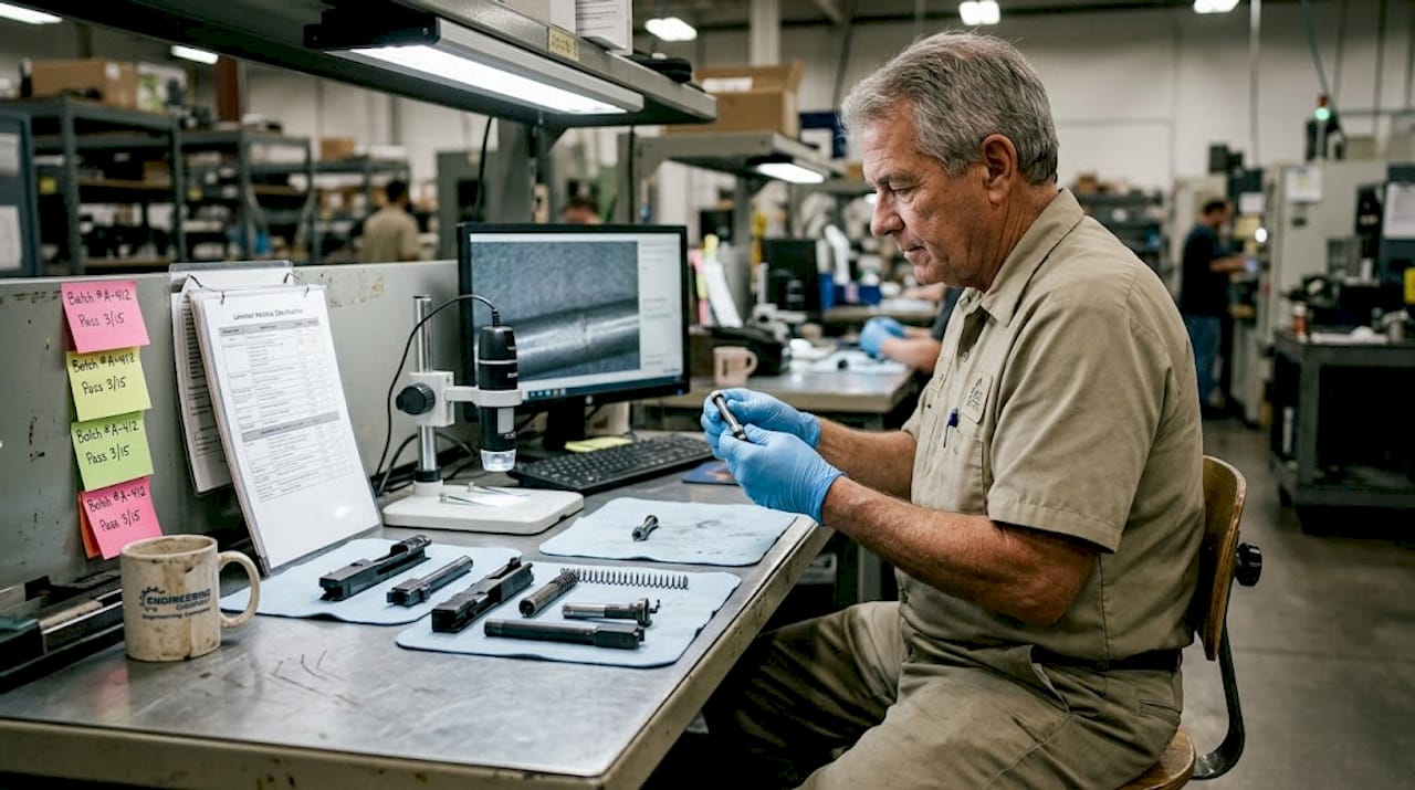 Inspector examining firearm part for reliability