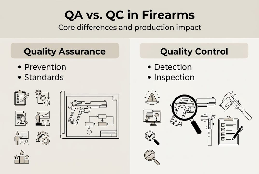 Infographic comparing QA vs. QC for firearms