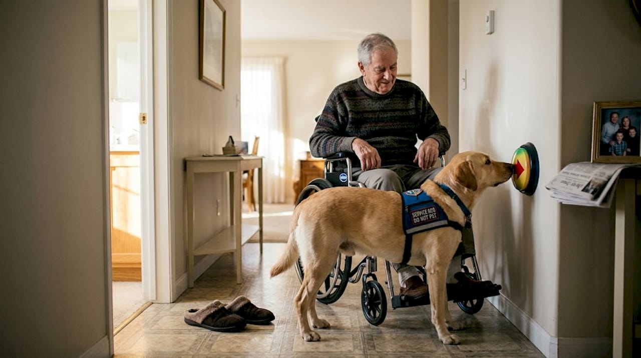 Service dog pressing alert button for elderly man