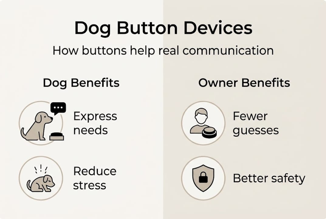 Infographic showing dog and owner benefits of buttons