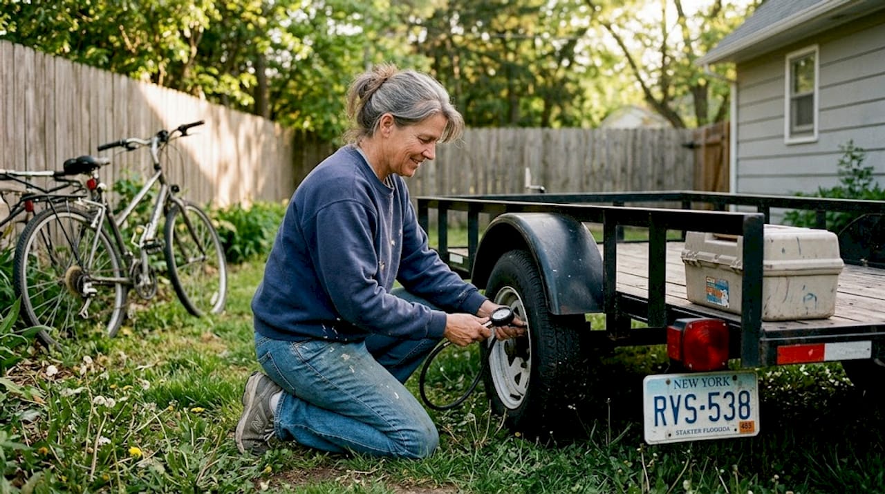 Woman checking trailer equipment outdoors