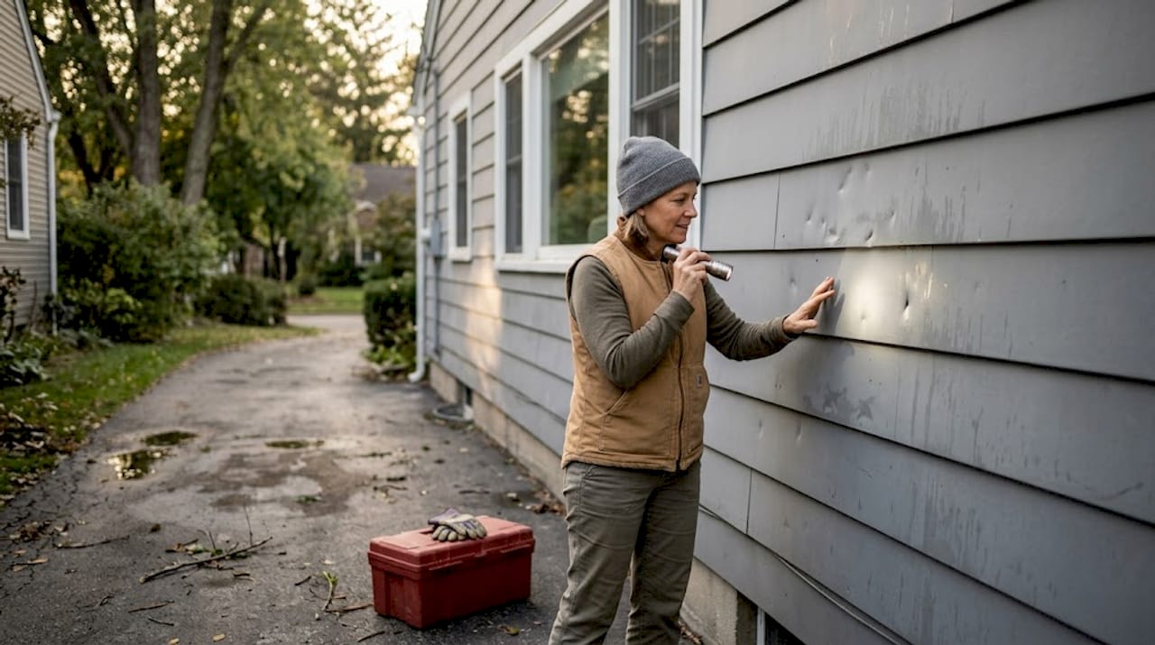 Homeowner checking hail-damaged siding after storm