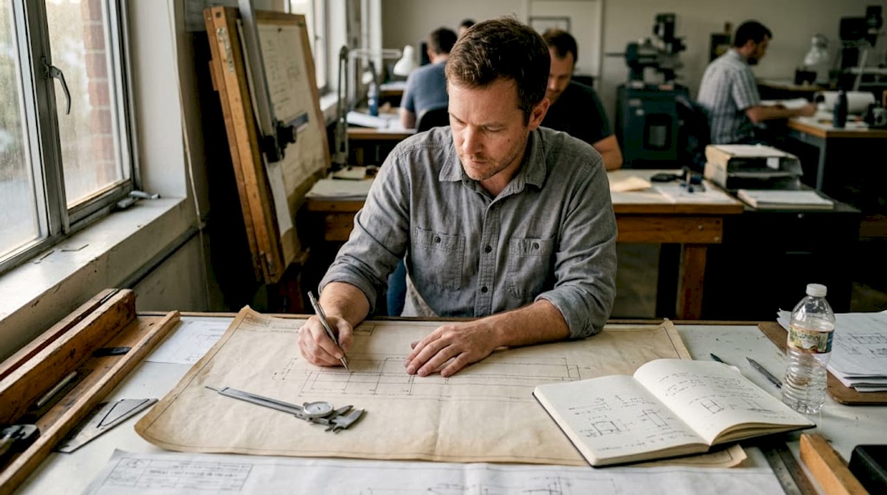 Engineer tracing dimension chain on drawing