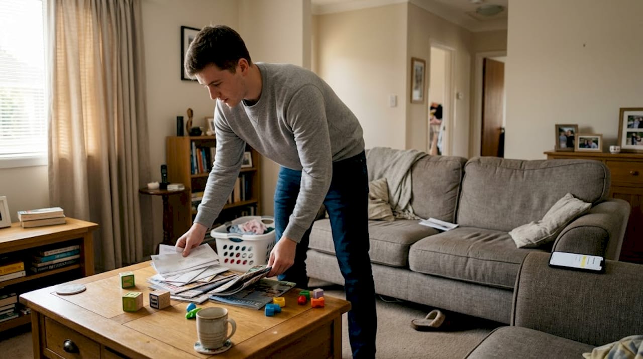 Person picking up clutter in living room before cleaning