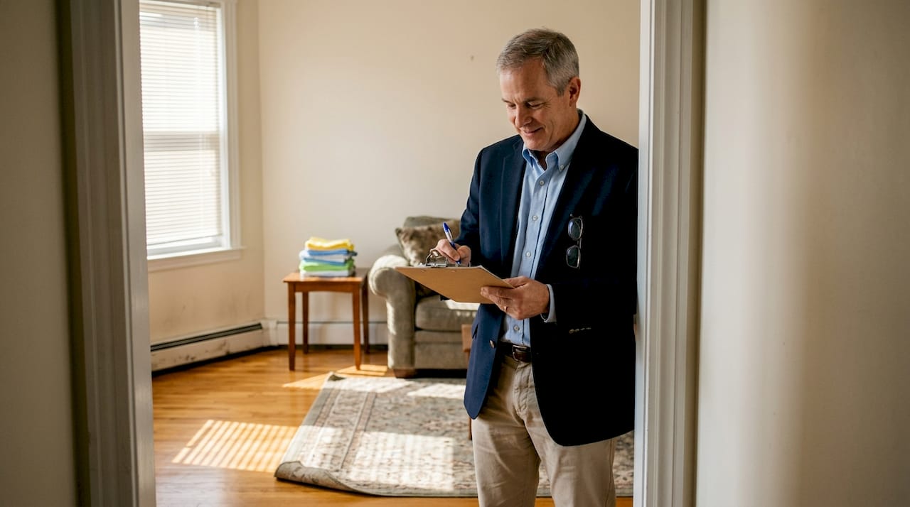 Landlord inspecting living room after cleaning