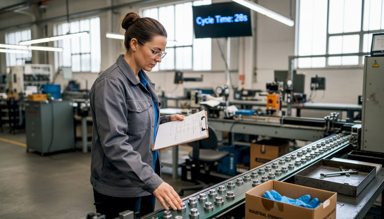 Technician monitoring precision parts production line