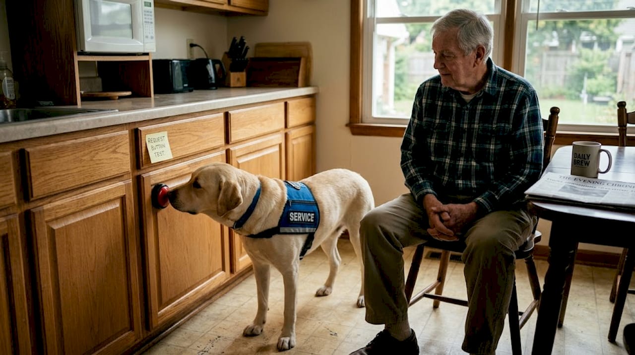 Service dog using button in kitchen