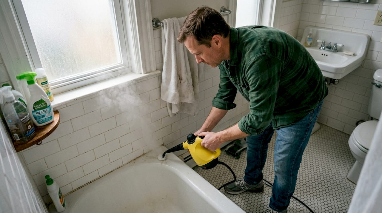 Man steam cleaning small Massachusetts bathroom