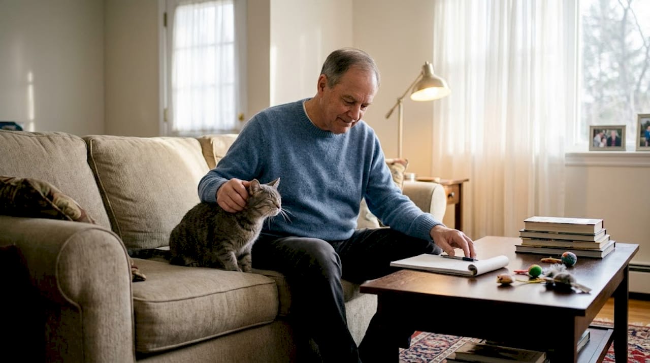 Older man with cat in cozy living room