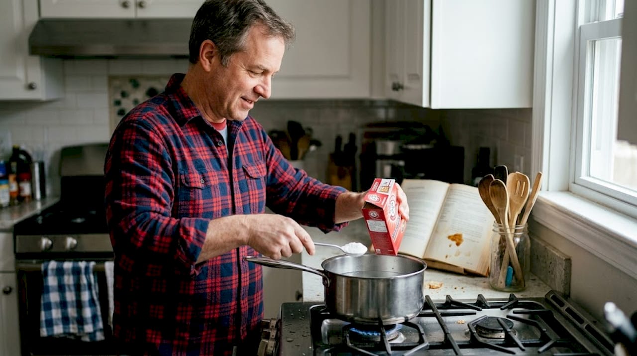 DIY cleaning pan in cluttered kitchen