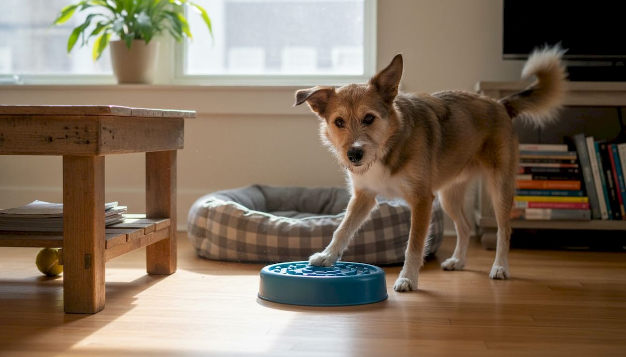 Dog interacts with indoor puzzle toy
