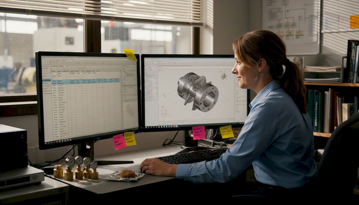 Engineer uses production software with dual monitors