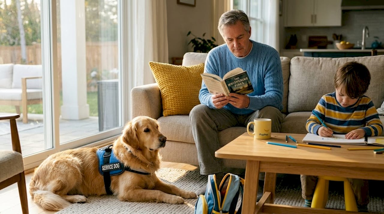 Family relaxing with service dog in living room