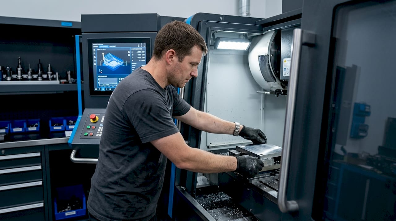 Technician operating CNC machine with titanium