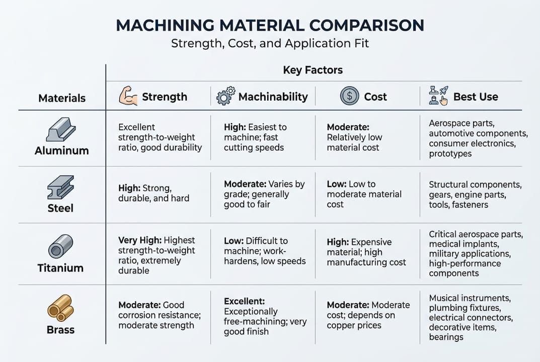 Infographic comparing CNC material attributes