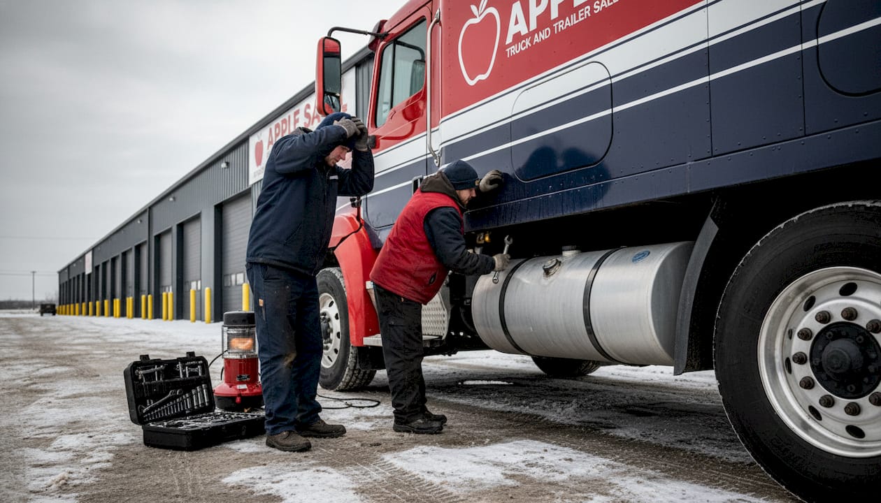 Mechanics preparing semi for winter outdoors