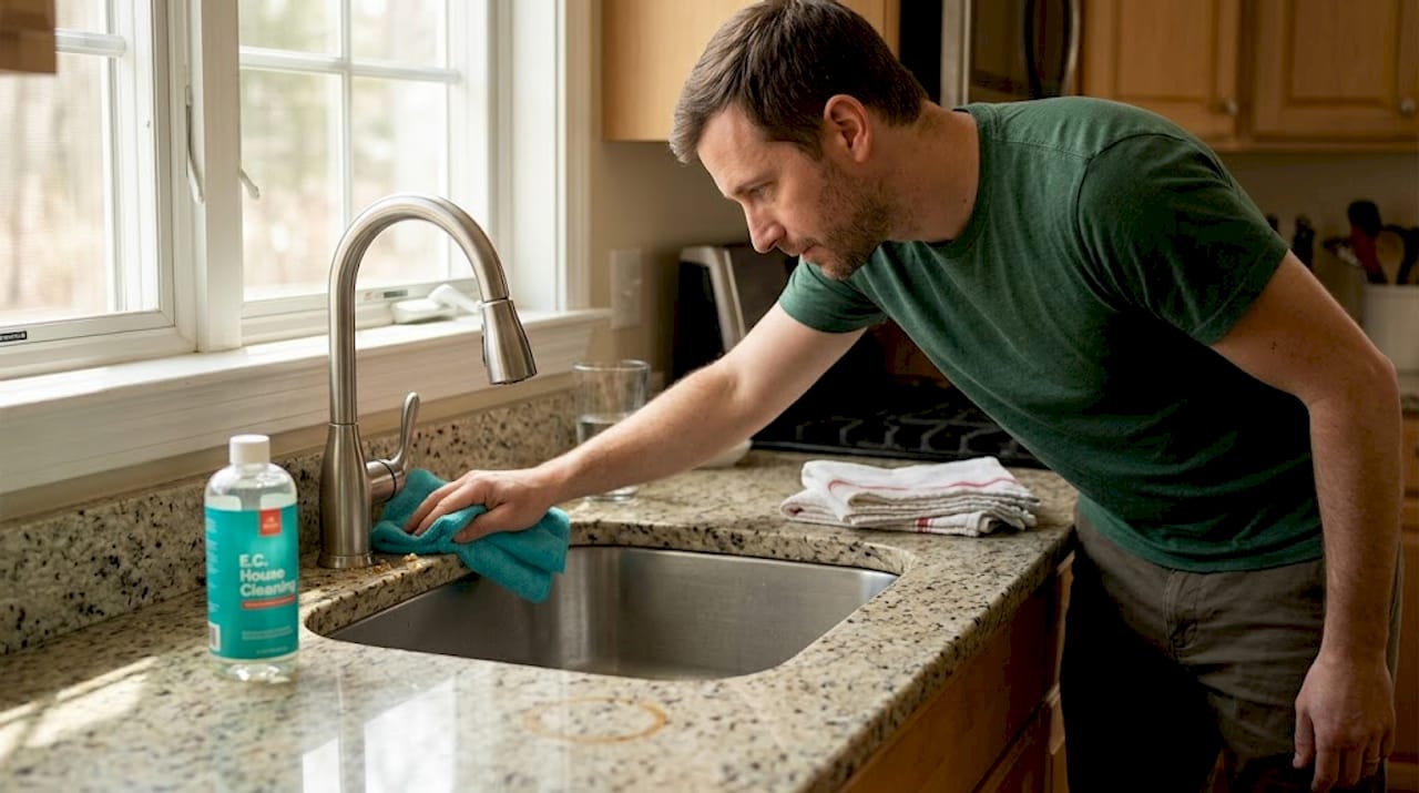 Cleaner wiping kitchen countertop carefully