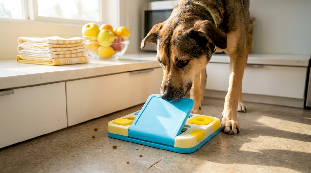 Dog manipulating puzzle feeder in kitchen