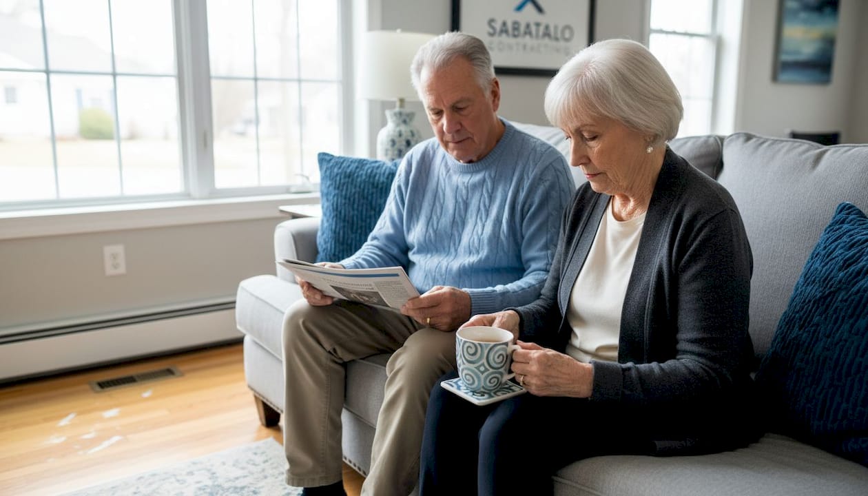 Seniors enjoying cozy living room in winter