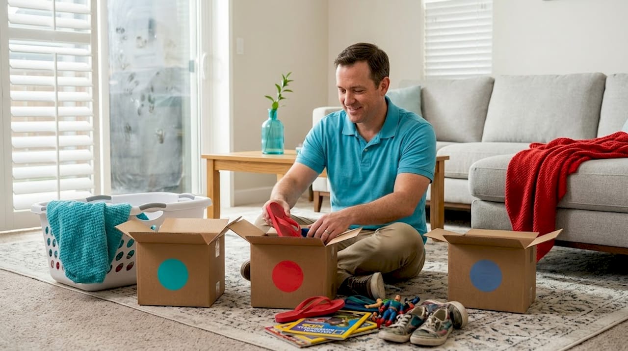 Parent sorting items for decluttering at home