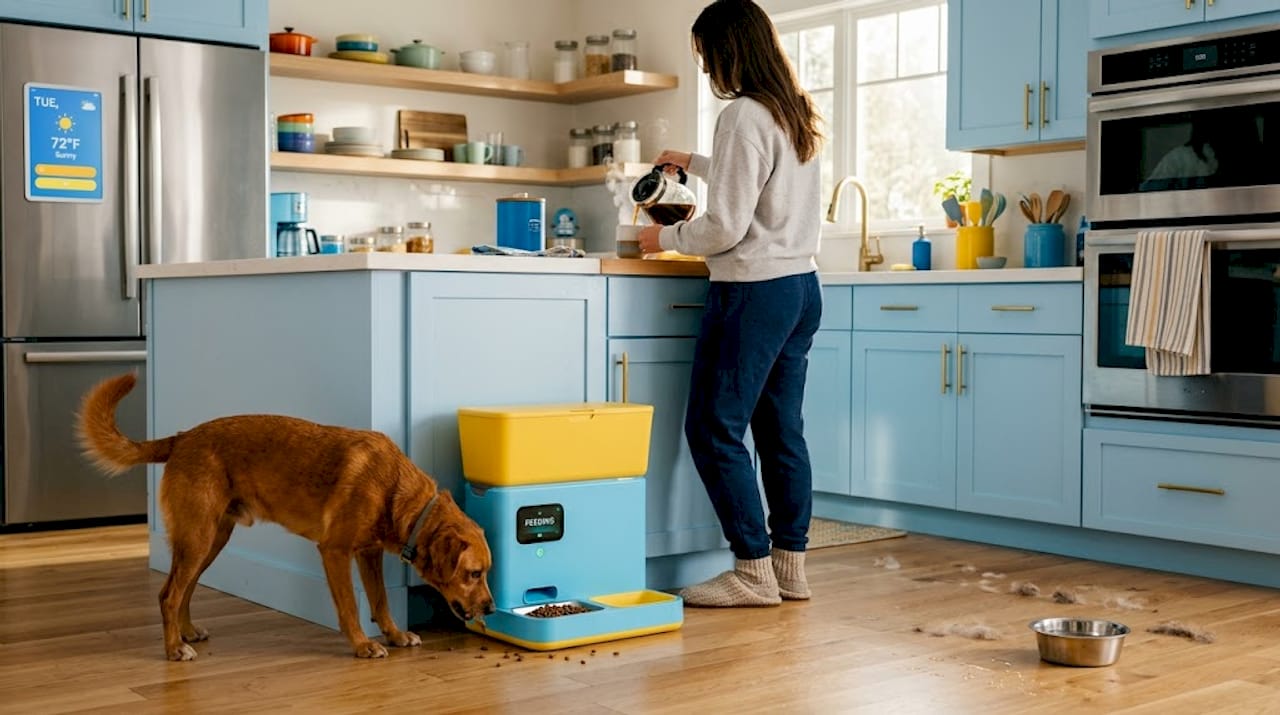 Dog eating from smart feeder in busy kitchen