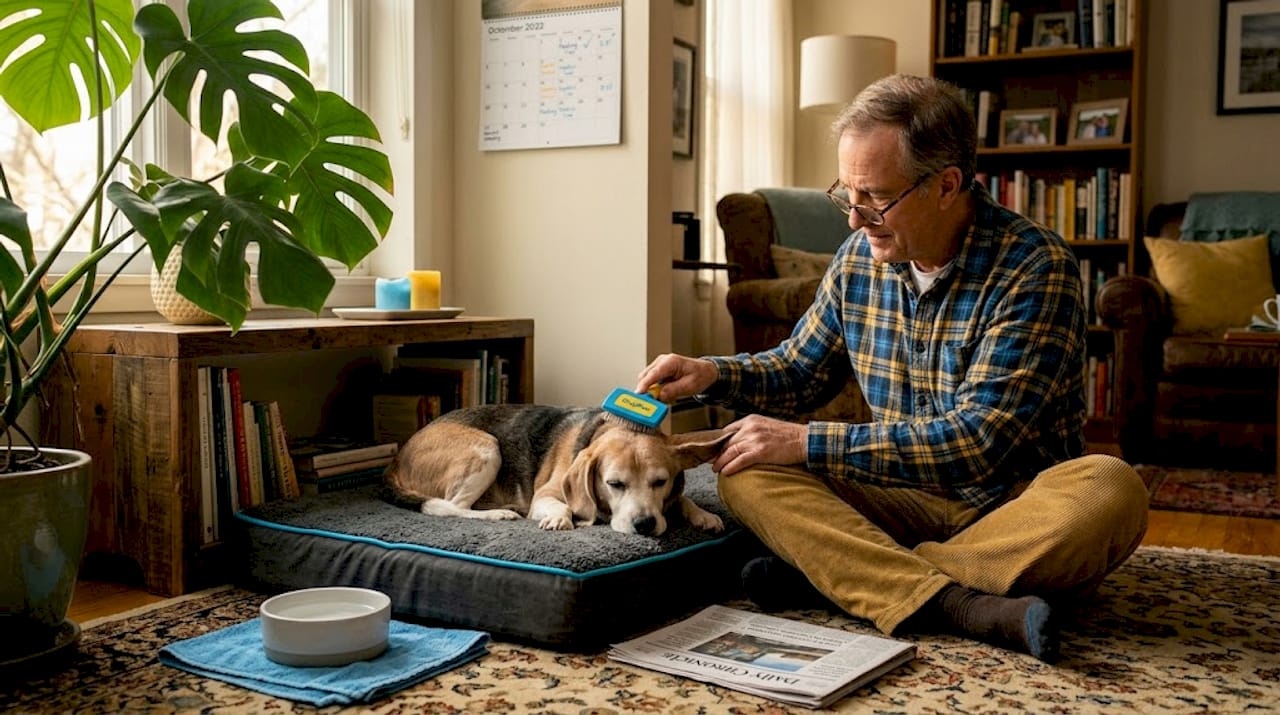 Senior dog comforted in peaceful routine