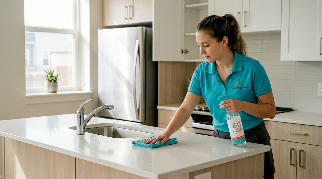 Cleaner using eco-friendly products in apartment kitchen