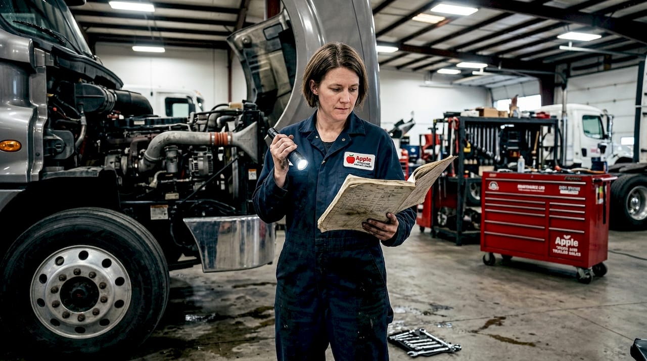 Mechanic checking maintenance log by truck