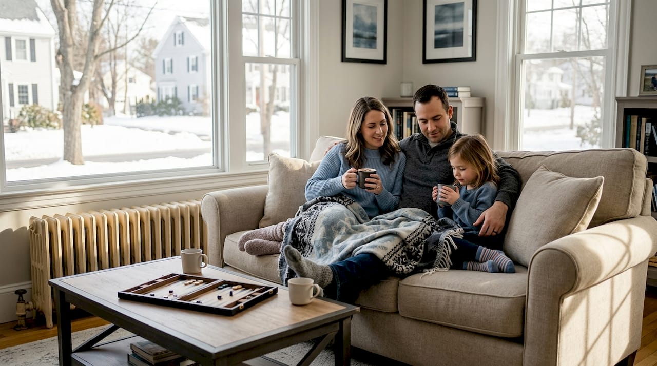 Family enjoys warm living room in winter