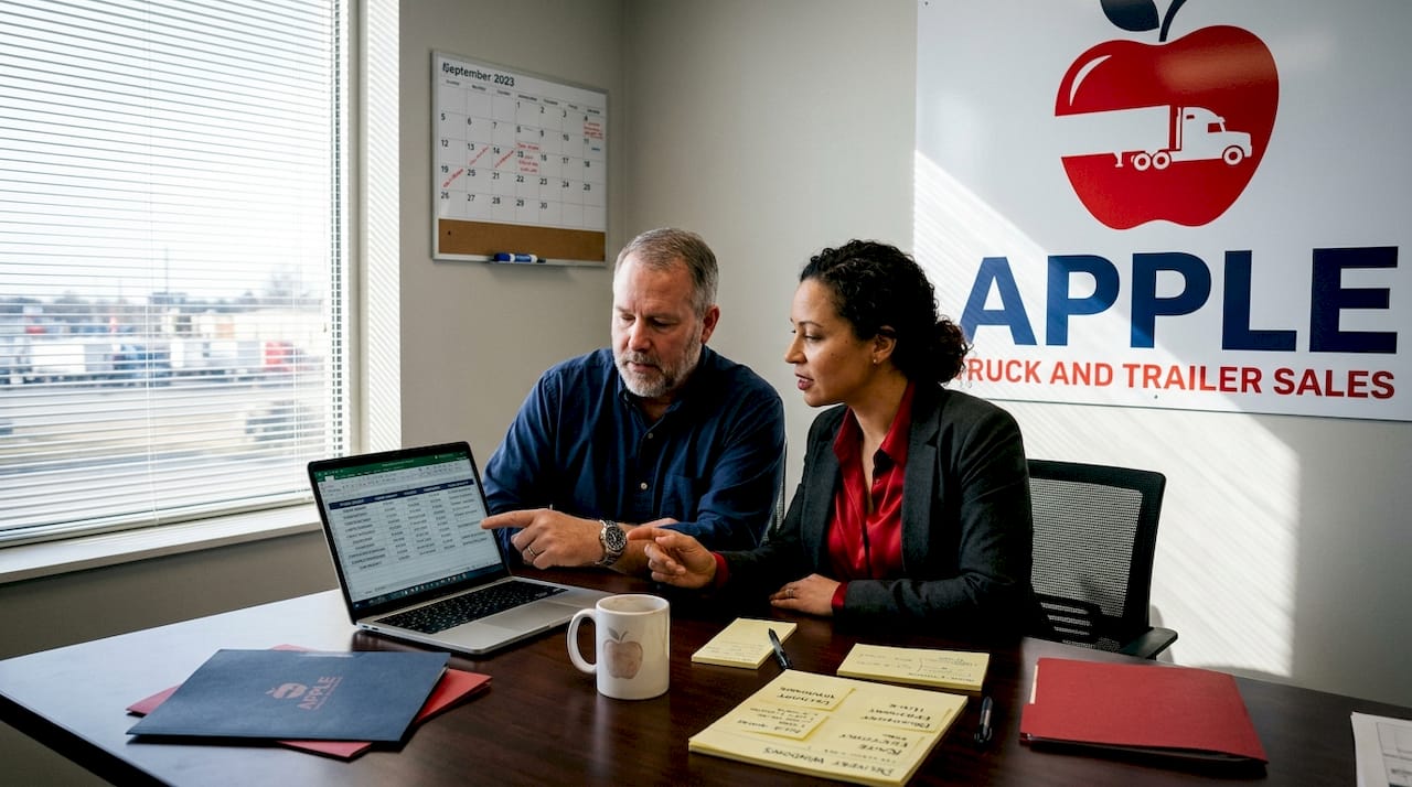 Team reviews cargo specs for truck rental