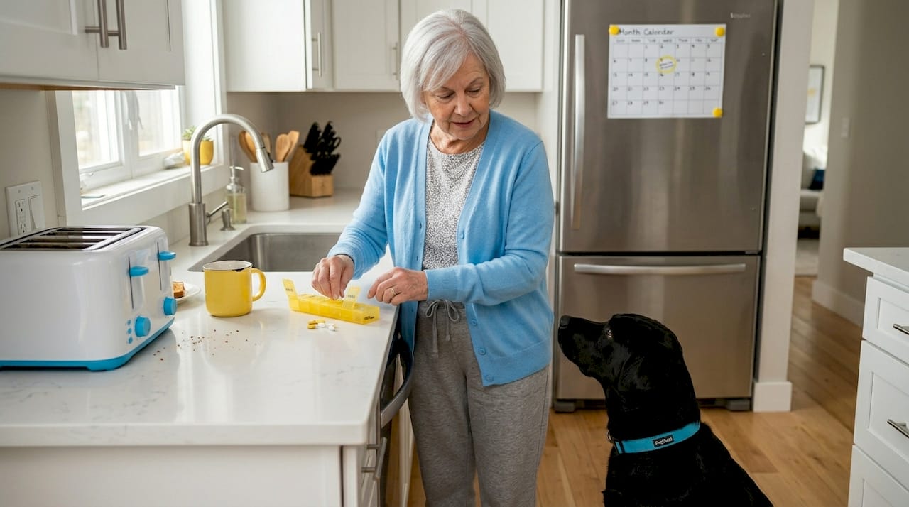 Elderly woman and service dog in kitchen routine