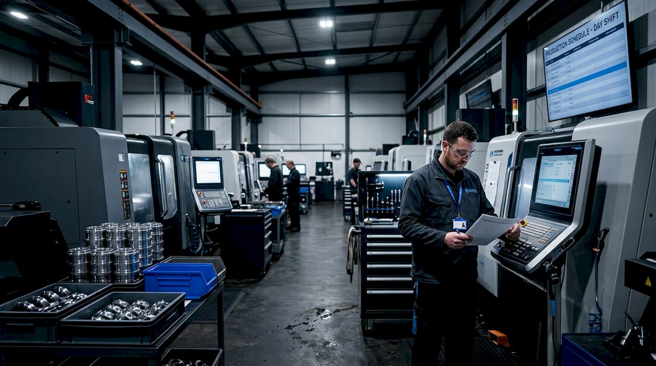 Technician reviewing automated CNC production floor
