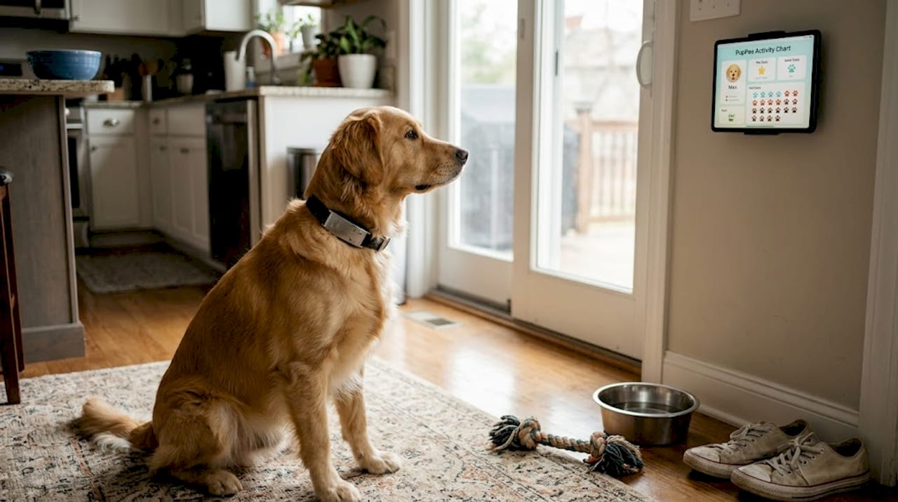 Dog wearing smart collar in home kitchen