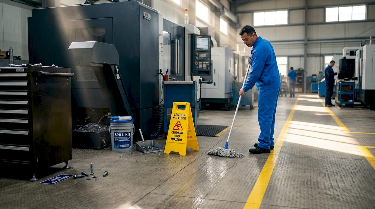 Worker cleaning machining bay floor near CNC mill