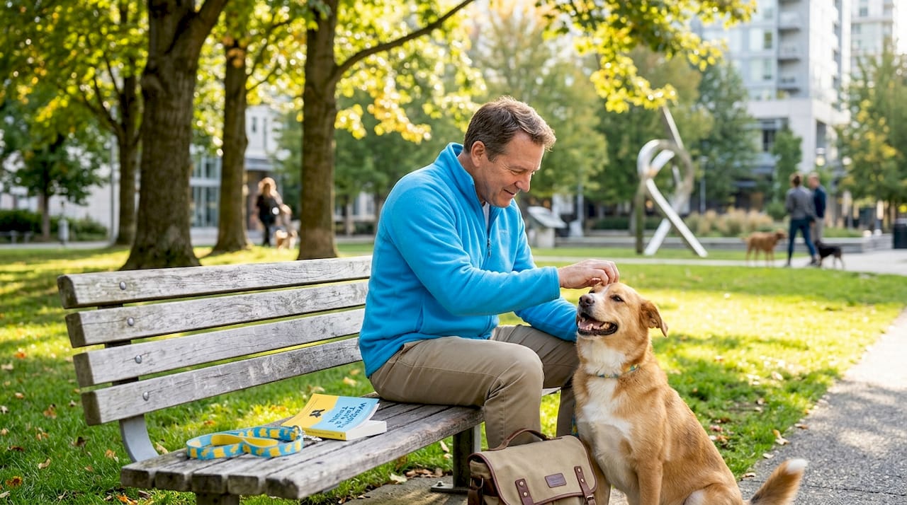 Man and dog relaxing together on park bench