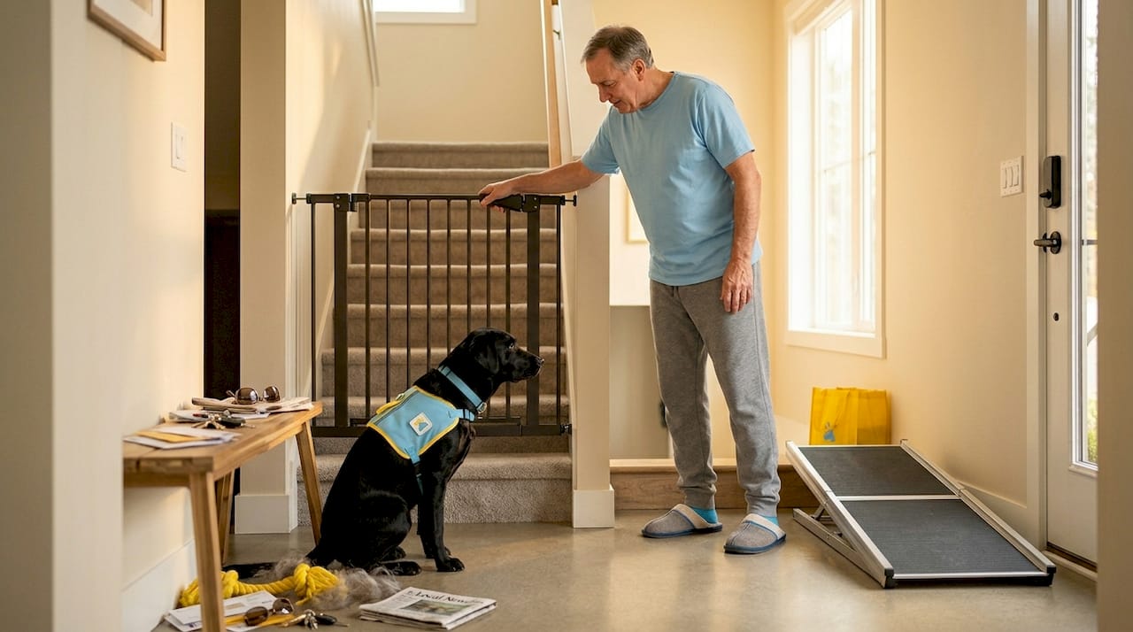Owner and service dog with gate and ramp at stairs