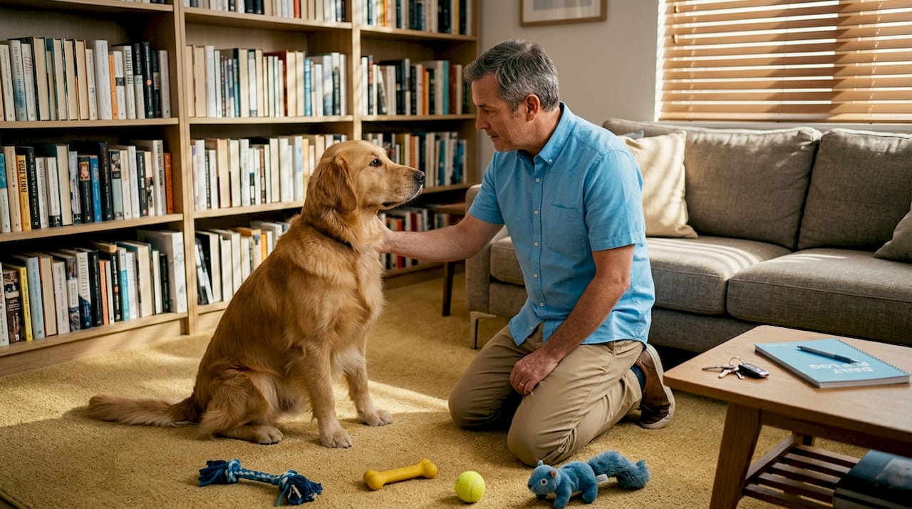 Man using tactile signal with golden retriever