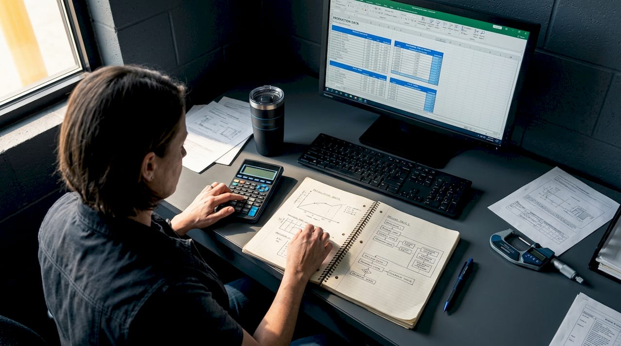 Engineer calculating machining cycle time at desk