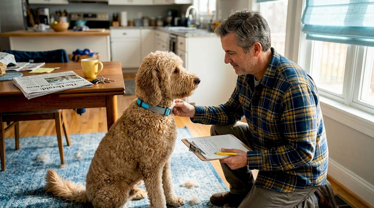 Man adjusting dog alert collar in kitchen
