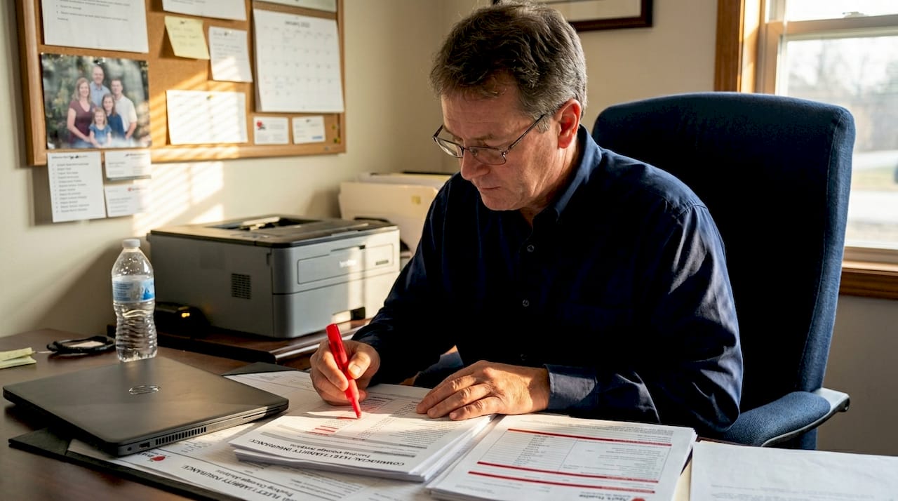Worker highlighting insurance forms for truck rentals