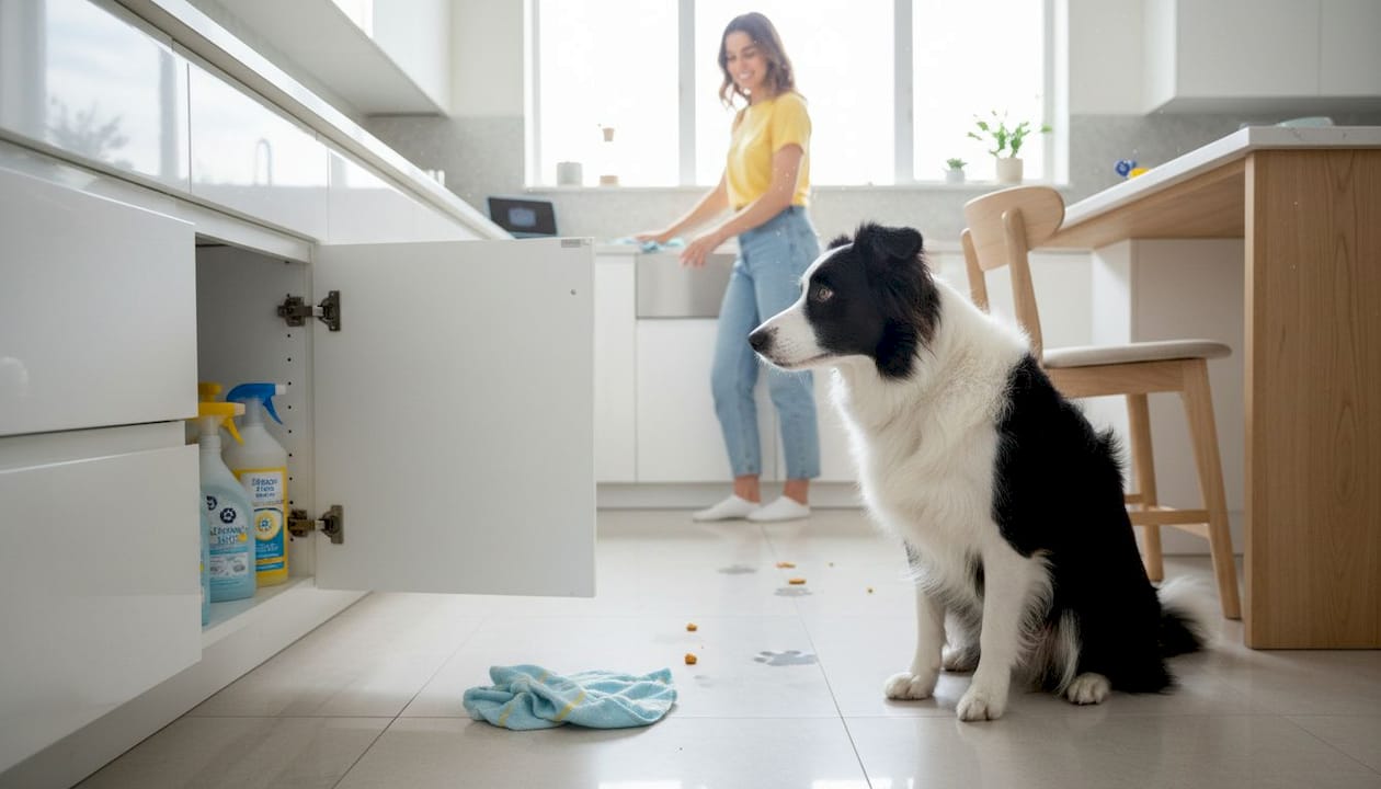Dog near kitchen hazards in daily routine