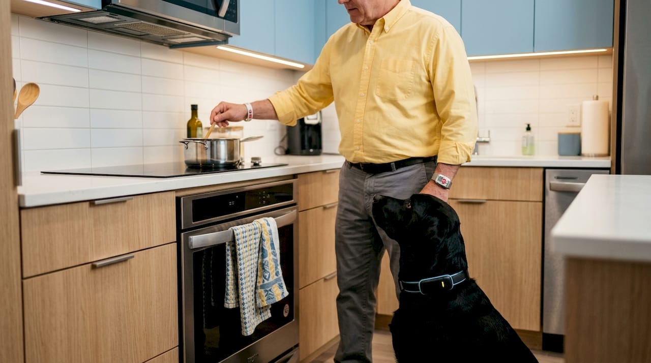 Service dog with alert collar by handler in kitchen