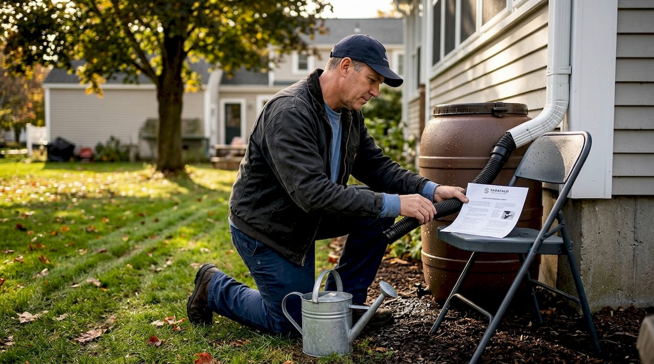 Installing rain barrel below house downspout