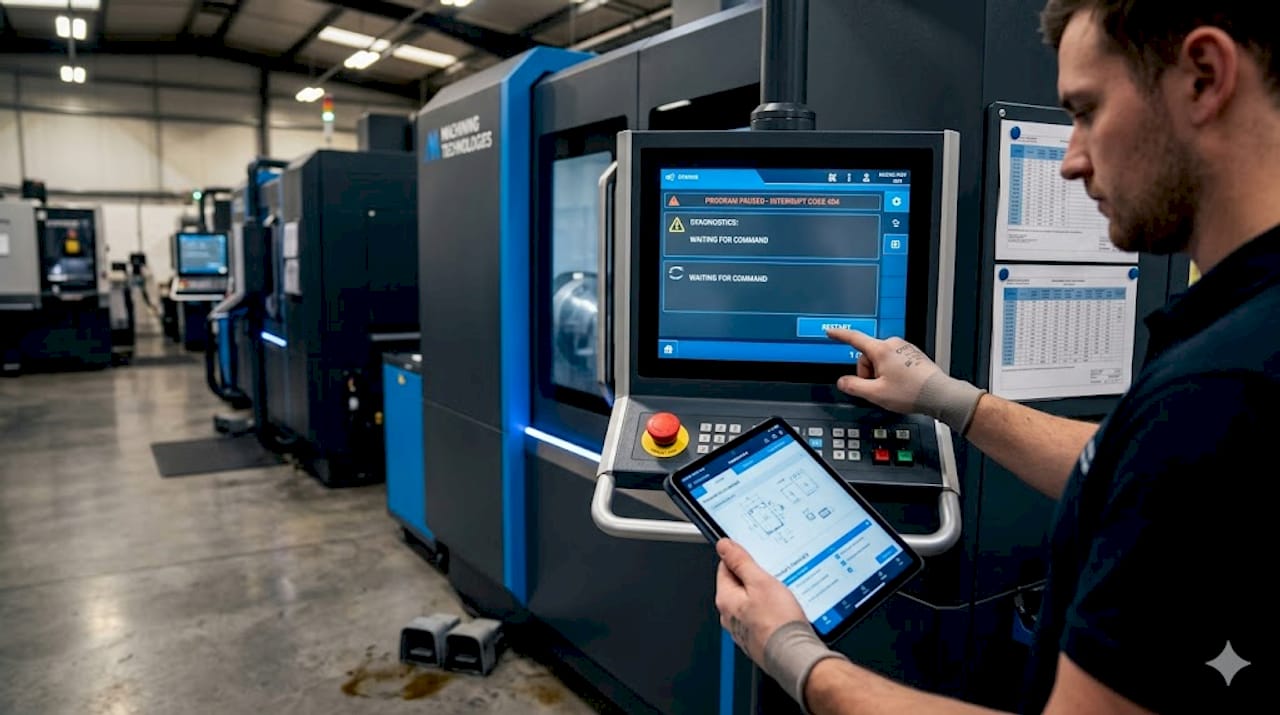 Operator entering restart commands at CNC panel